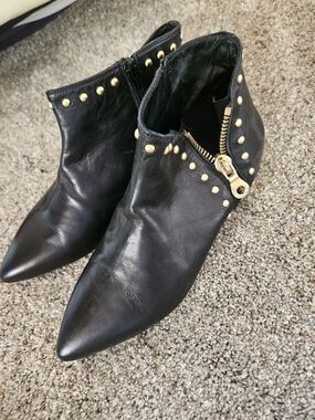 MADE IN ITALY. BRAND NEW Black Studded Pointed Toe Ankle Boots - Gold Hardware